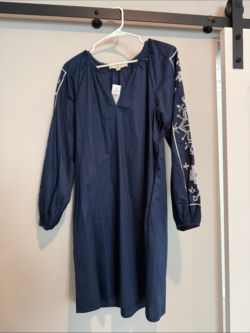 LOFT Navy Long-Sleeve Embroidered Shift Dress -NWT